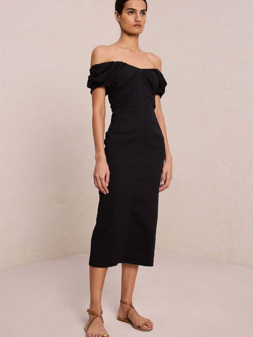 A.L.C. Nora Off Shoulder Midi Linen Dress in Black Size 0